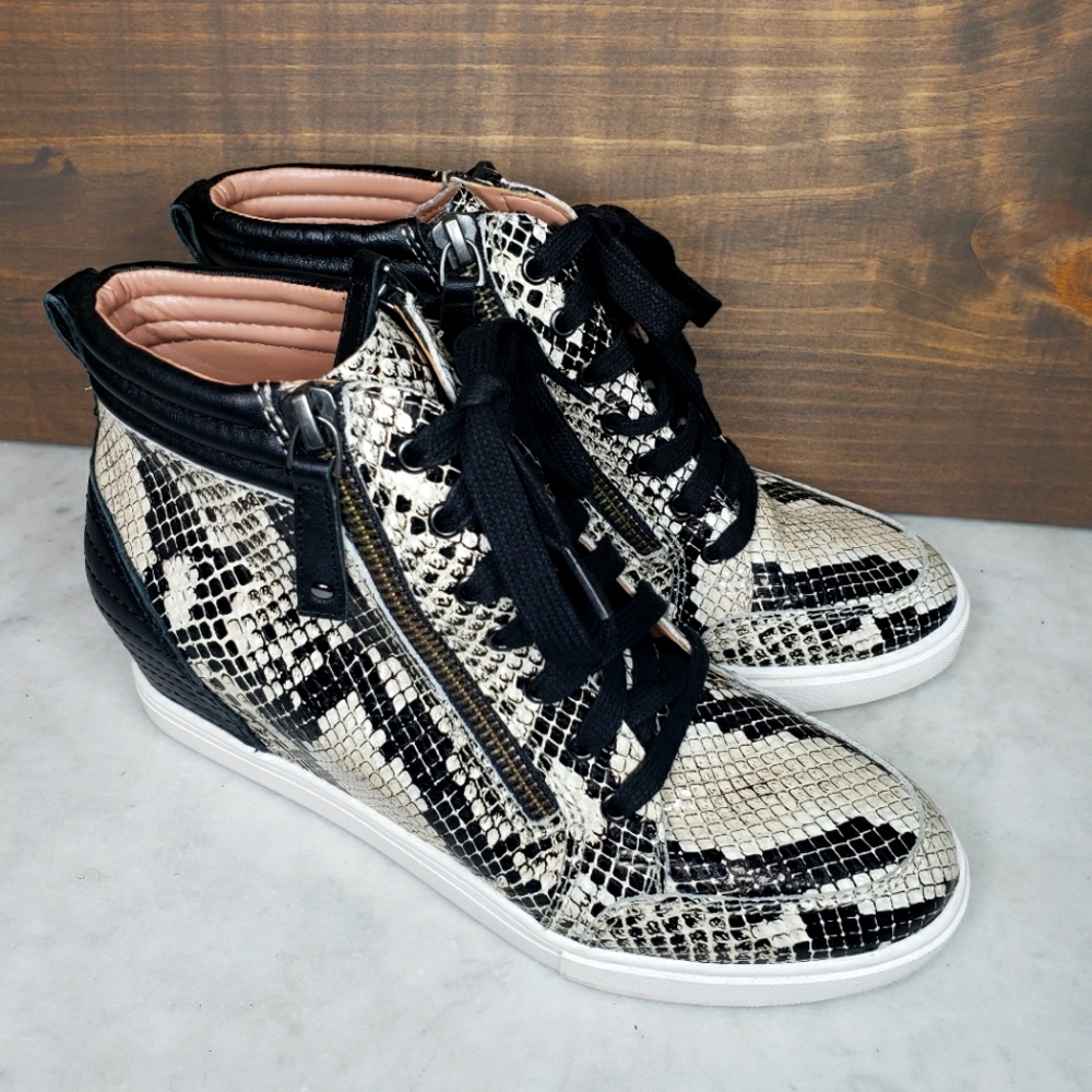 Paolo womens snake skin black tan high top wedge sneakers size 6